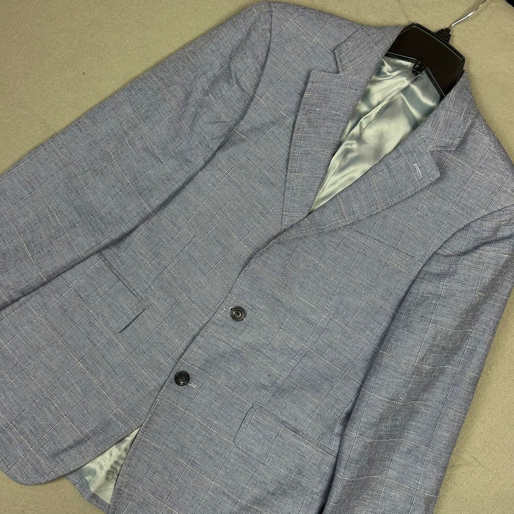 Charles Tyrwhitt Sport Coat Slim Fit Linen Cotton Plaid Men 40S Light Blue